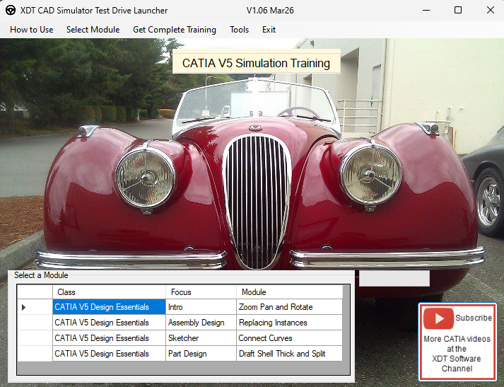 XDT CADSimulator Test Drive launcher with four CATIA V5 training modules