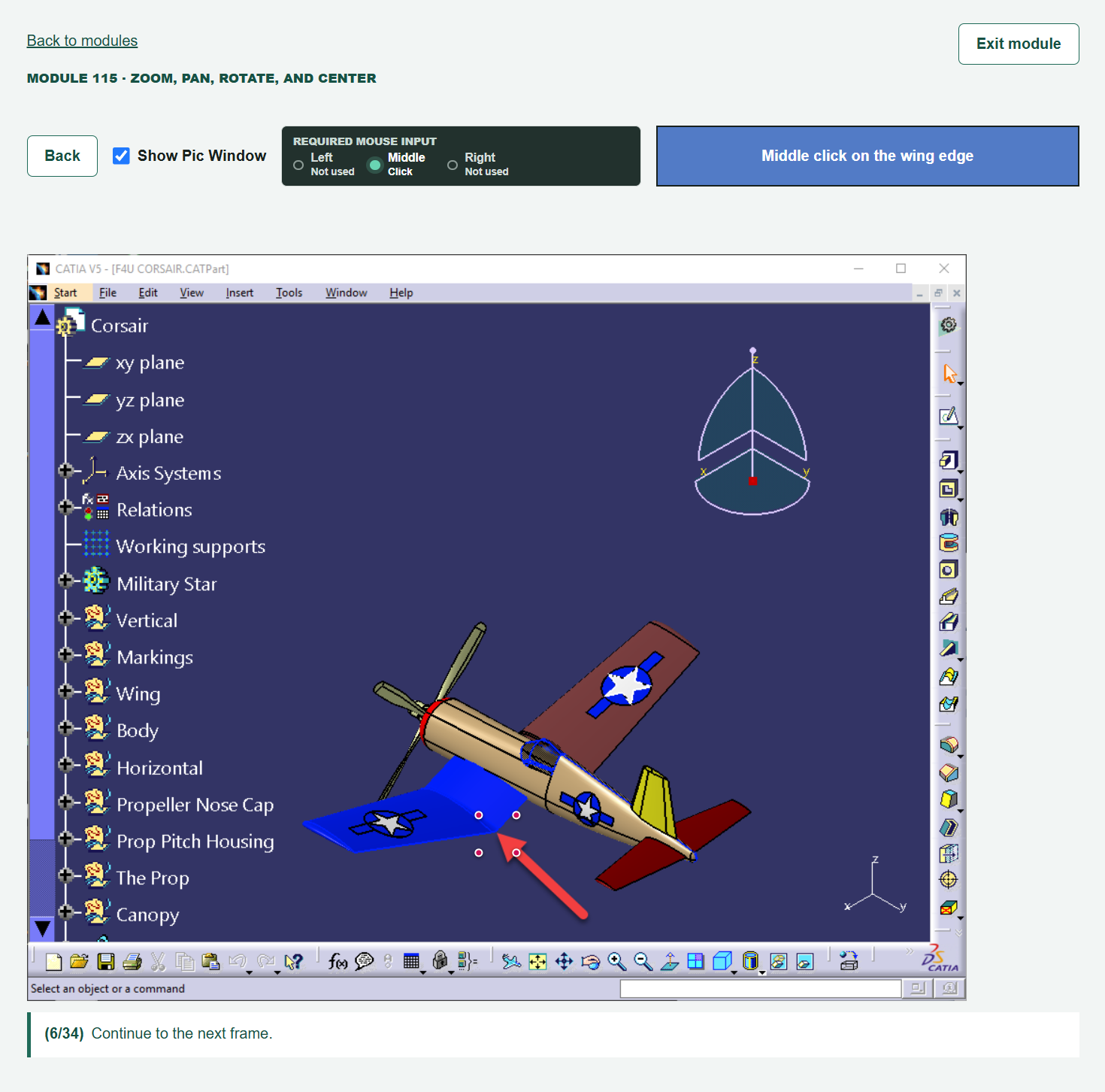 Browser-based V5Train CATIA V5 simulation module with guided mouse input and aircraft model